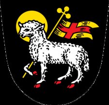 Wappen: Schaf mit wehender Fahne auf schwarzem Hintergrund