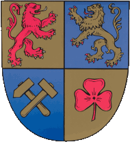 Wappen: links roter Löwe & goldener Hammer, rechts goldener Löwe unterhalb rotes Kleeblatt